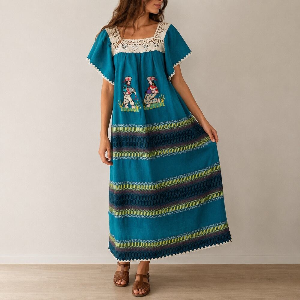 Handmade Folk Teal Crochet Lace Embroidered Vintage Midi Dress Sz M